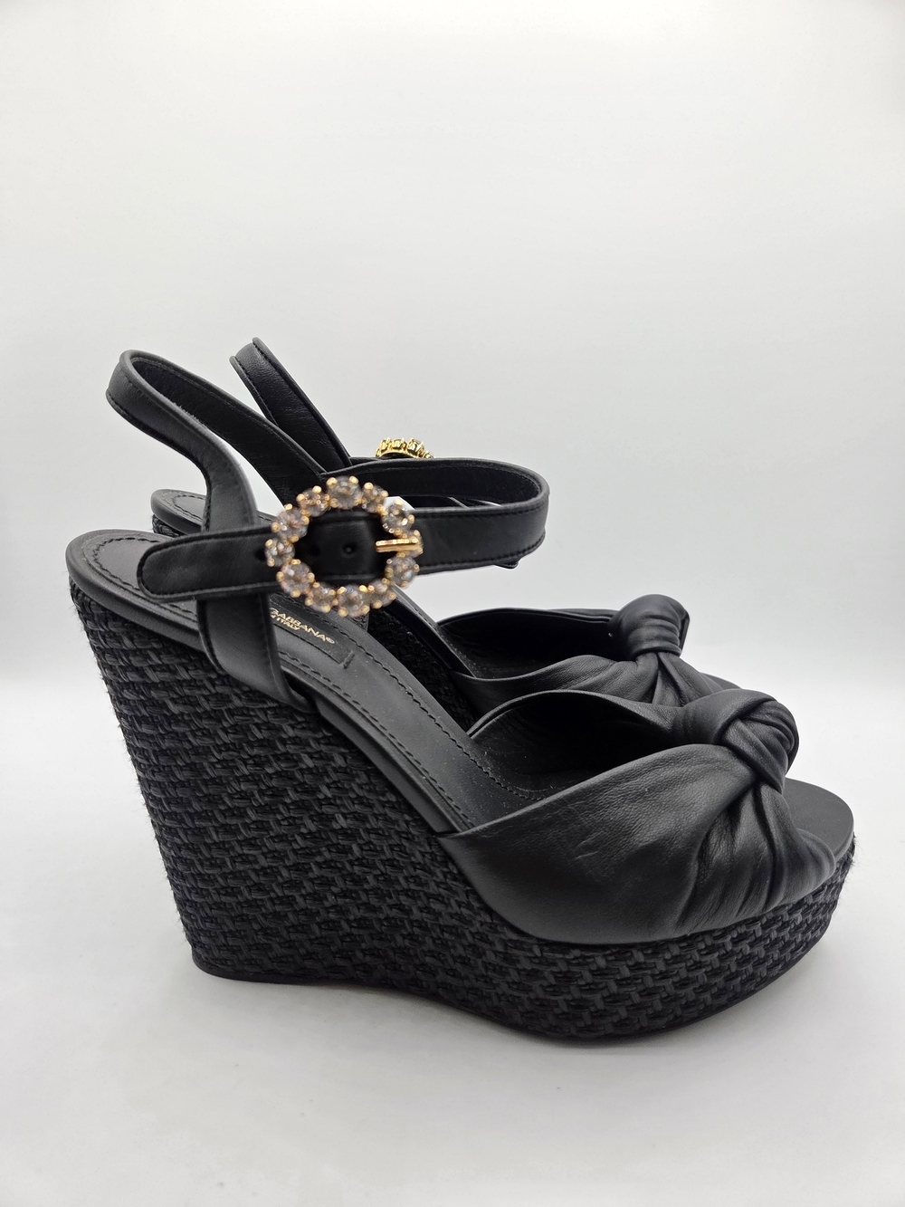 Dolce & Gabbana Black Leather Crystal Buckle Woven Wedge Platform Sandals Eu 38